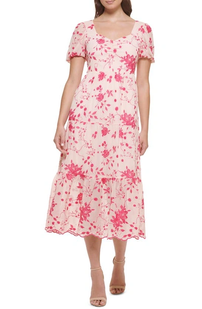 Kensie Floral Embroidered Puff Sleeve Chiffon Midi Dress In Blush/ Rasberry
