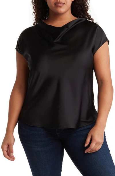 Renee C Cowl Neck Short Sleeve Satin Top In Black