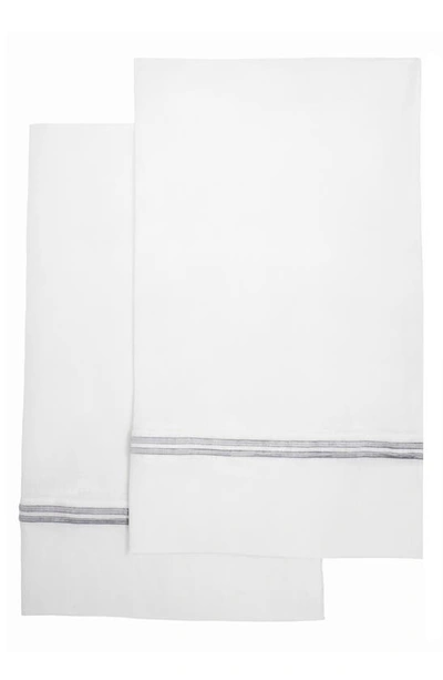 Melange Set Of 2 Stripe Embroidered Linen Pillowcases In Grey
