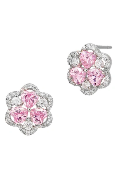 Savvy Cie Jewels Rhodium Plated Cz Cluster Heart Stud Earrings In Pink