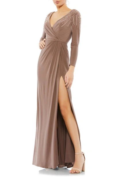 Mac Duggal Long Sleeve Faux Wrap Jersey Gown In Mocha