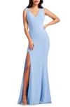 Dress The Population Sandra Plunge Crepe Trumpet Gown In Blue