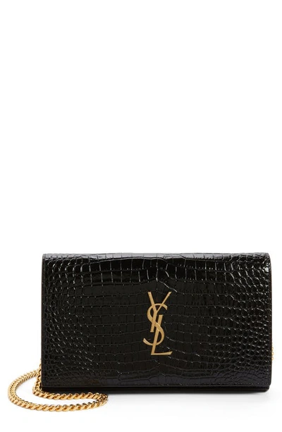 Saint Laurent Croc Embossed Leather Wallet On A Chain In Nero/ Nero