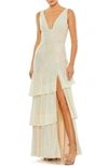 Mac Duggal Sequin Ruffle Asymmetric Tiered Gown In Iridescent