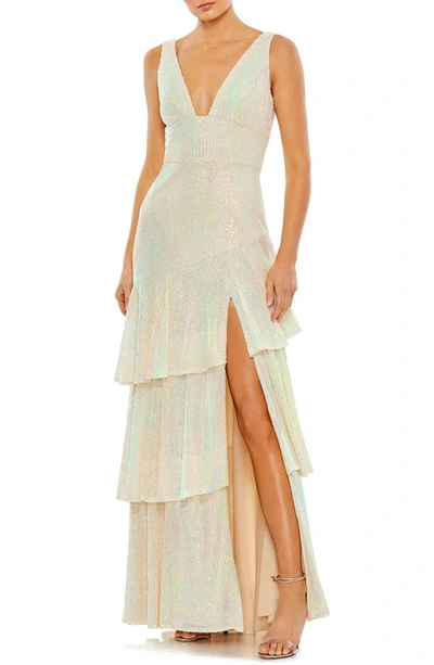 Mac Duggal Sequin Ruffle Asymmetric Tiered Gown In Iridescent