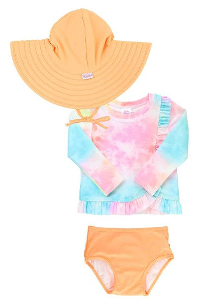 Rufflebutts Babies' Rainbow Tie Dye Long Sleeve Two-piece Rashguard Swimsuit & Hat Set In Pink Multi