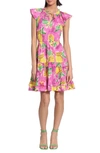 Donna Morgan For Maggy Print Cap Sleeve Tiered Dress In Soft White/ Lemon Yellow