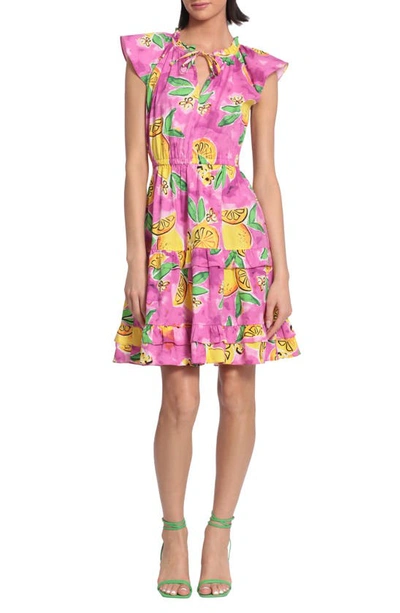 Donna Morgan For Maggy Print Cap Sleeve Tiered Dress In Soft White/ Lemon Yellow