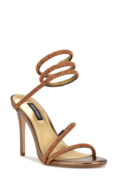 Nine West Maskill Rhinestone Ankle Wrap Sandal In Dark Gold Textile