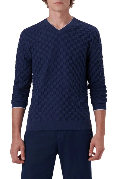 Bugatchi Basketweave Stitch V-neck Cotton Blend Sweater In Navy