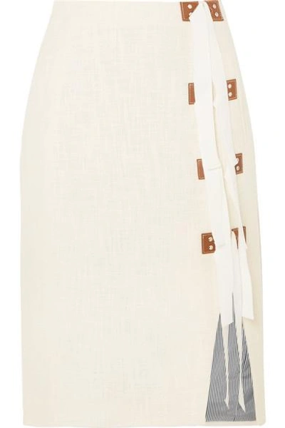Altuzarra Sorbonne Grosgrain And Leather-trimmed Cotton-tweed Skirt In Parchment