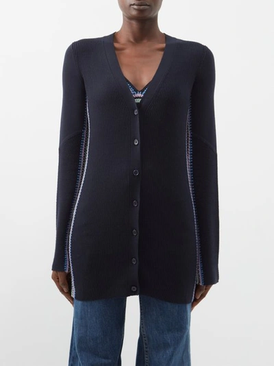 Chloé Embroidered Ribbed Wool Cardigan In Navy