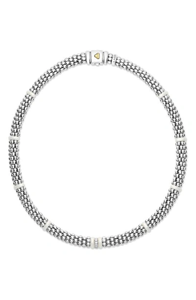 Lagos Sterling Silver And Gold White Caviar White Ceramic Diamond Link Necklace In White/silver