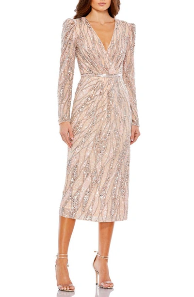 Mac Duggal Shatter Sequin Long Sleeve Sheath Cocktail Dress In Rose Gold