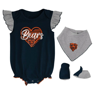Outerstuff Babies' Girls Newborn And Infant Navy, Heathered Gray Chicago Bears All The Love Bodysuit Bib And Booties Se In Navy,heathered Gray