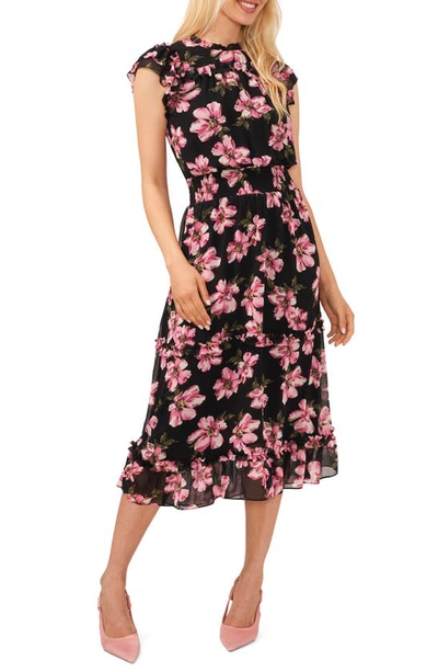Cece Floral Ruffle Midi Dress In Rich Black
