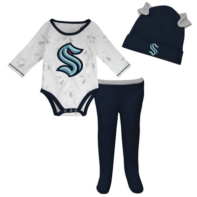 Outerstuff Babies' Newborn And Infant Boys And Girls White, Deep Sea Blue Seattle Kraken Dream Team Hat Pants And Bodys In White,deep Sea Blue