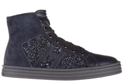 Hogan Rebel Girls Shoes Child Suede High Top Leather Sneakers R141 In Blue