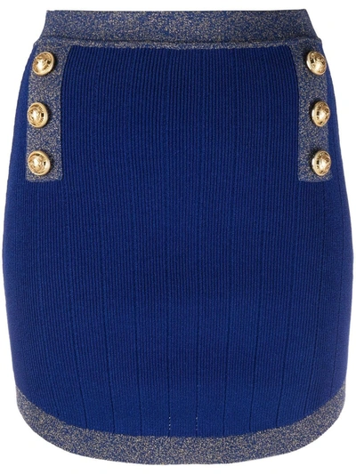 Balmain Viscose-blend Knit Miniskirt In Blue,gold