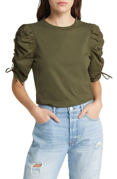 Frame Ruched Tie Sleeve Tee In Fatigue