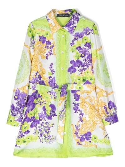 Versace Kids' Orchid-print Silk Shirt Dress In Green