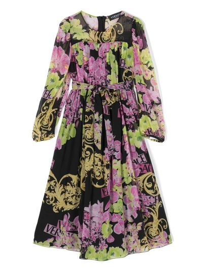 Versace Kids' Orchid-print Silk Midi Dress In Black