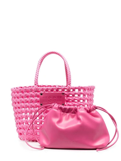 Msgm Logo-plaque Woven Tote Bag In Fuchsia