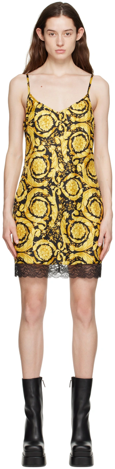 Versace Barocco Slip Dress In 5b000 Black+gold