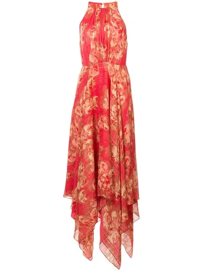 Halston Heritage Strappy Floral & Metallic Stripe Gown In Rose Red Starflower