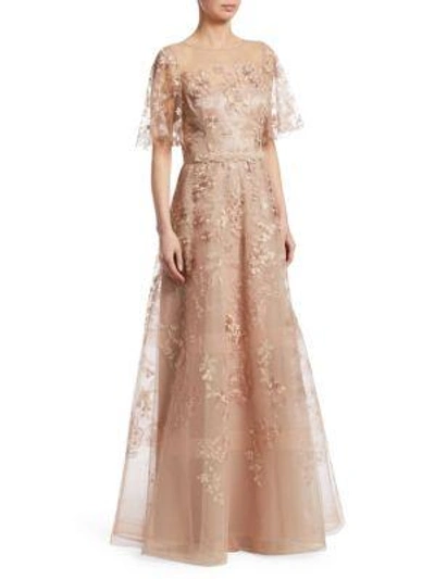 Teri Jon By Rickie Freeman Floral Embroidered Gown In Blush