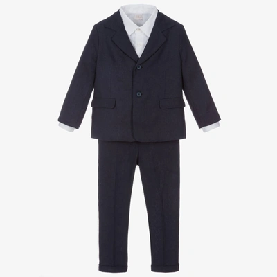 Paz Rodriguez Kids' Boys Navy Blue Linen Suit Set