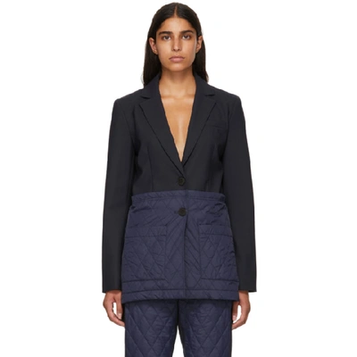 Tibi Mixed Media Quilted Detail Oversize Jacket In Navy