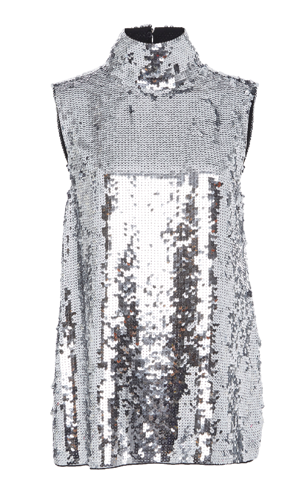 Tibi Sleeveless Sequin Turtleneck Shell Top In Silver | ModeSens