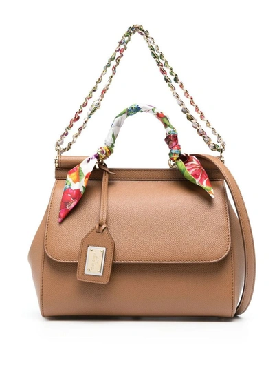 Dolce & Gabbana Brown Small Sicily Scarf Cross Body Bag In Nude & Neutrals