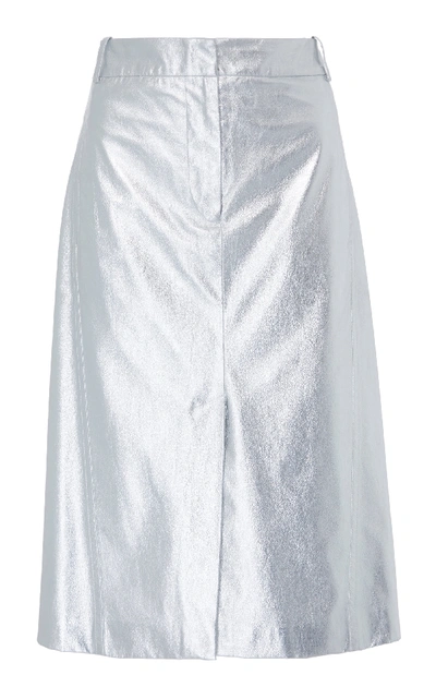 Tibi Tech Faux Leather Trouser Skirt In Silver