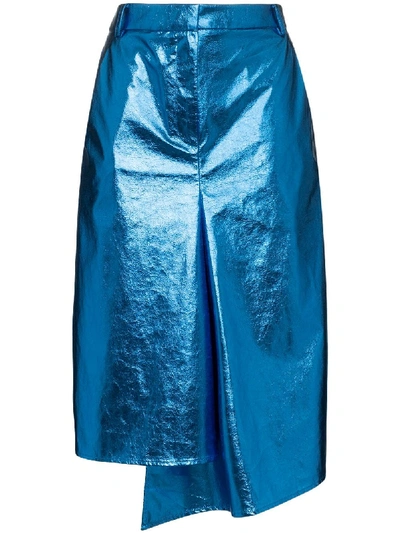 Tibi Tech Leather Pencil Skirt In Blue