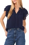 1.state Flutter Sleeve Split Neck Chiffon Blouse In Peacoat Blue