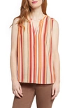Nydj Print Pleat Back Sleeveless Split Neck Blouse In La Playa Stripe