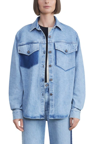 Lafayette 148 L148 Denim Two Tone Shirt Jacket In Stonewash Blue