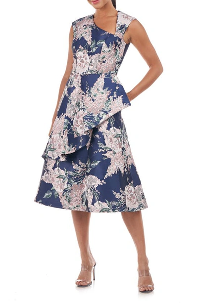 Kay Unger Asymmetric Floral Jacquard Ruffle Midi Dress In Marine Blue Rose