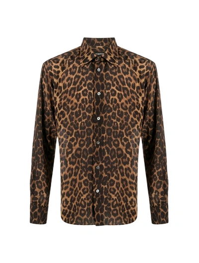 Tom Ford Leopard-print Silk Crepe De Chine Shirt In Brown