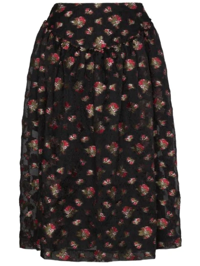 Simone Rocha Gathered Embroidered Tulle Midi Skirt In Black