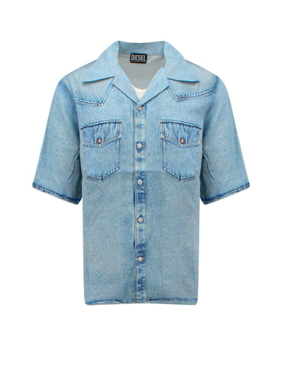 Diesel Faux-pocket Faded Shortsleeved Shirt In Light Blue
