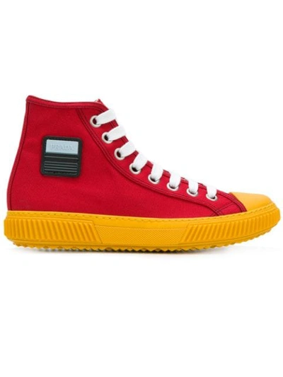 Prada Logo-detail Canvas High-top Trainers In Rosso+gold