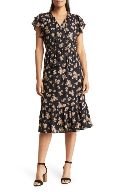Connected Apparel Sleeveless Twisted Bodice Floral Dress In Black
