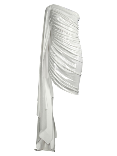 Norma Kamali Diana One-sleeve Draped Ruched Stretch-lamé Dress In Pearl