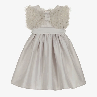 Nicki Macfarlane Kids' Girls Grey Silk Dress With Tulle Flowers