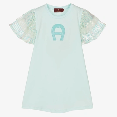 Aigner Babies'  Girls Blue Cotton & Sequin Logo Dress