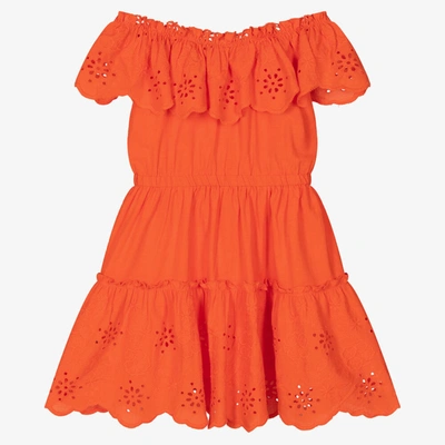 Mayoral Kids' Girls Orange Cotton Broderie Anglaise Dress