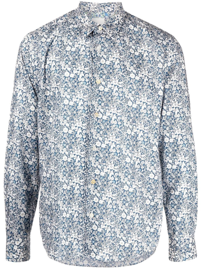 Paul Smith Floral-print Organic Cotton Shirt In Light Blue